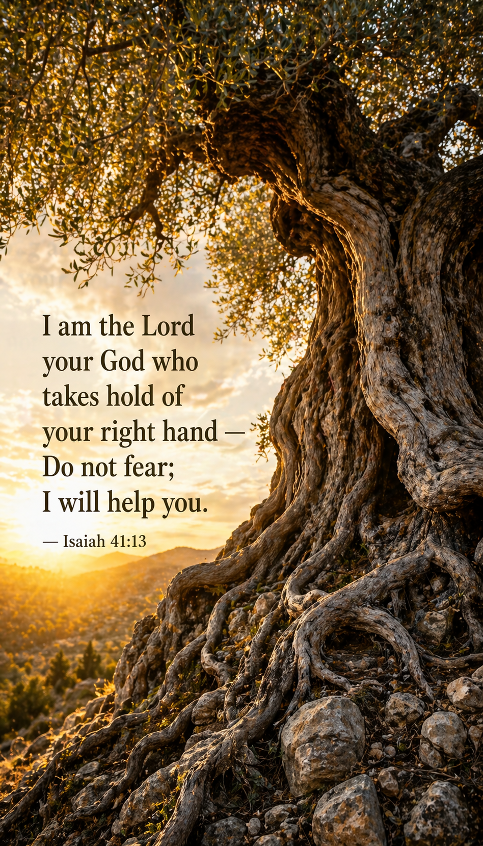 Isaiah 41:13 -- Ancient Olive Tree Canopy Golden Light Vertical HD Wallpaper